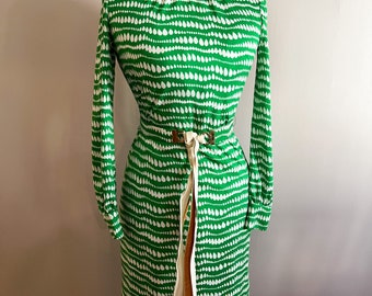 1970s Green and White Adele Simpson Vintage Dress with matching belt leather