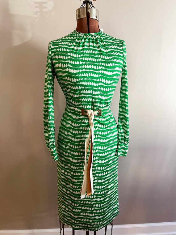 Prettiest 1970s Adele Simpson Deep Blue Chiffon Dress w Green Ruffle Front Halter Dress