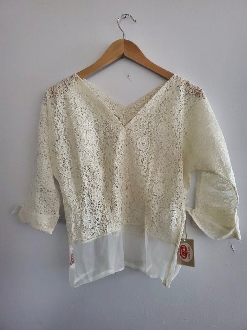 1950/'s Deadstock New With Tags Ivory Lace Batwing Cuffed Blouse Top w Sheer Waist