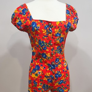 1960s Romper Union Label Tagged Red with Blue Floral Hot Pants Vintage