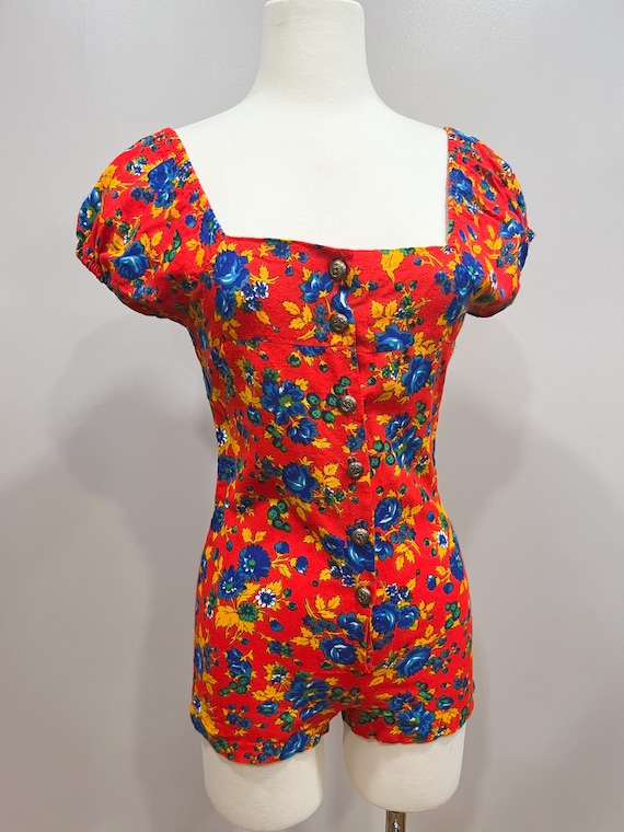 1960s Romper Union Label Tagged Red with Blue Flo… - image 1