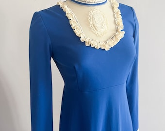 1970s Cobalt Blue Vintage Cameo Lace Maxi Dress