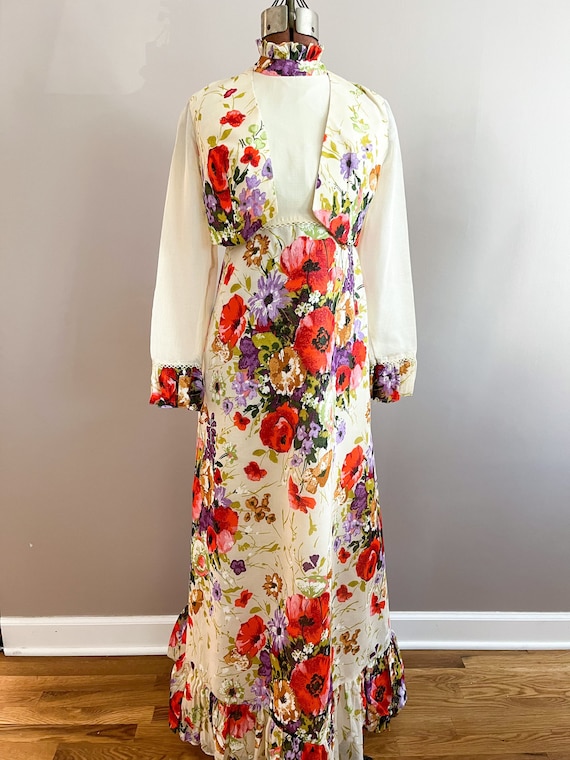 1970s Garden Party Floral Maxi Dress with Matching Ja… - Gem