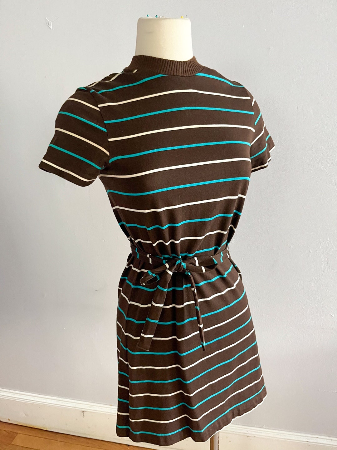 1960s Chocolate Brown Micro Mini Dress Blue and White Stripe Belted by