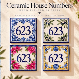 Numéro de maison hollandais en céramique peint à la main, plaque méditerranéenne espagnole (15 x 15 cm)