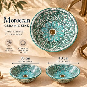 Puede incluir: Un lavabo redondo de cerámica con un patrón floral turquesa y blanco y un desagüe central. El texto dice Moroccan Ceramic Sink, Hand-Painted by Artisans. Se muestran dos tamaños: 35 cm y 40 cm de diámetro.