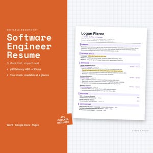 May include: An editable resume kit for a software engineer featuring a white document with black text on a grid background, next to an orange panel with the text "Software Engineer Resume", "stack first, impact next", and "ATS CHECKER INCLUDED".