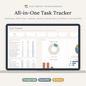 May include: An All-in-One Task Tracker Excel template displayed on a screen. The interface features a dashboard with task management metrics, progress charts, and priority lists. Text includes 'Task Tracker', '12 Linked Tabs', and 'Excel 2016+'.