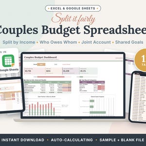 Hoja de cálculo de presupuesto para parejas (Google Sheets y Excel), registro de gastos compartidos, división de facturas por ingresos, planificador financiero conjunto.