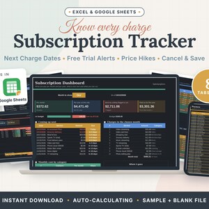 Pode incluir: Um modelo digital de rastreamento de assinaturas para Excel e Google Sheets com um painel de tema escuro em uma tela de laptop e smartphone. A interface exibe custos mensais e 8 abas em 1.
