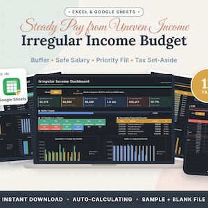 May include: A digital budget spreadsheet template for Excel and Google Sheets titled Irregular Income Budget. The interface displays an Irregular Income Dashboard with charts, graphs, and financial data tables. A gold circle indicates 12 tabs.