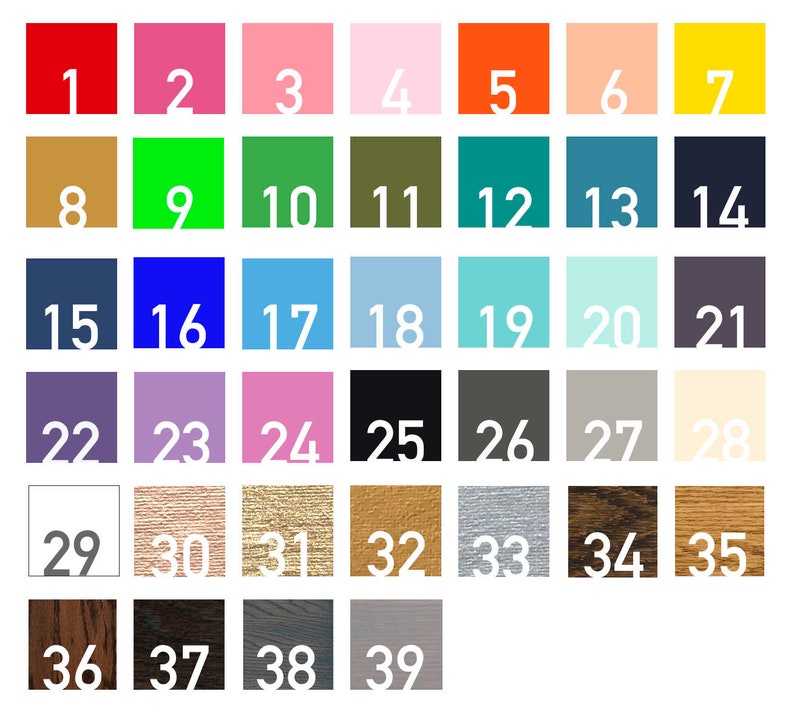 Op de afbeelding: Een kleurenkaart met 39 verschillende kleuren, genummerd van 1 tot en met 39. De kleuren zijn gerangschikt in rijen en kolommen. De kleuren omvatten rood, roze, geel, groen, blauw, bruin, wit, zwart en grijs.