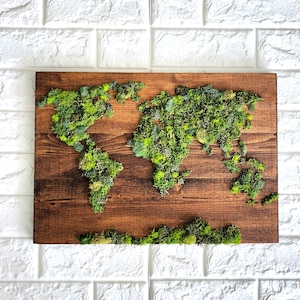 Op de afbeelding: Een houten wereldkaart met groen mos dat de continenten voorstelt. De kaart is gemonteerd op een donkerbruin houten frame.