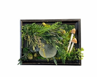 Repurposed Vintage Frame, Moss Art, Mushroom, Preserved Plants,