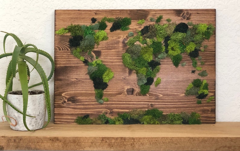 Op de afbeelding: Een wereldkaart gemaakt van geconserveerd mos op een bruine houten achtergrond. De continenten zijn omlijnd met groen mos, met sommige gebieden gemarkeerd met donkergroen of zwart mos.