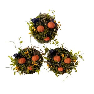 May include: Three circular decorative arrangements featuring green moss, small orange pumpkins, yellow floral accents, and dark foliage. Each piece is constructed with a textured base covered in natural greenery, providing a seasonal display.