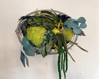Large Silver Tray with Preserved Moss and Plants, No maintenance, Nature Inside