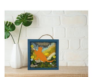 Orange Cat, Tabby Art, Preserved Flowers in Shadow Box