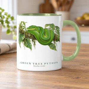 Green Tree Python coffee mug on an oak kitchen table in morning light