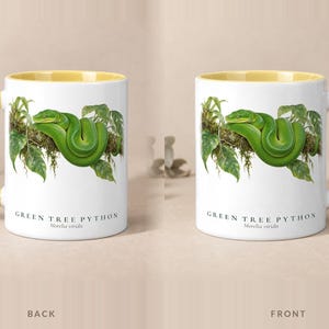 Green Tree Python mug with a yellow handle and inside, back and front views