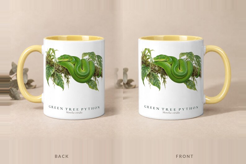 Green Tree Python mug with a yellow handle and inside, back and front views