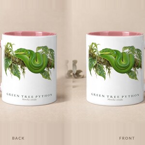 Green Tree Python mug with a pink handle and inside, back and front views