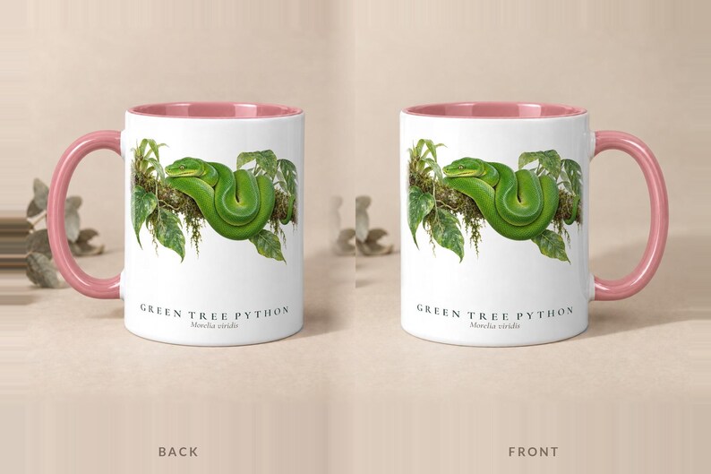 Green Tree Python mug with a pink handle and inside, back and front views