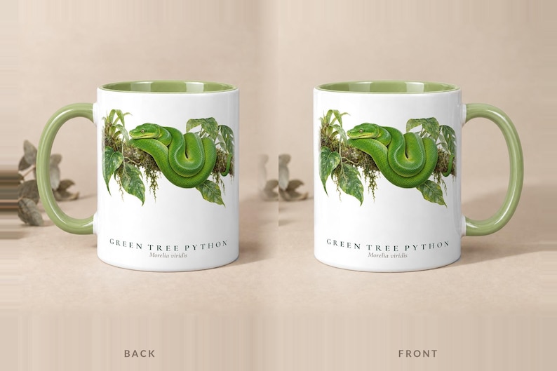 Back and front of the Green Tree Python mug with a green handle — the design is printed on both sides