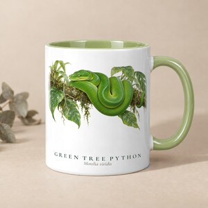 Koffiemok met groene boompython, cadeau voor slangenliefhebbers, keramische mok, ontwerp geïnspireerd op een veldgids, keuken in een blokhut
