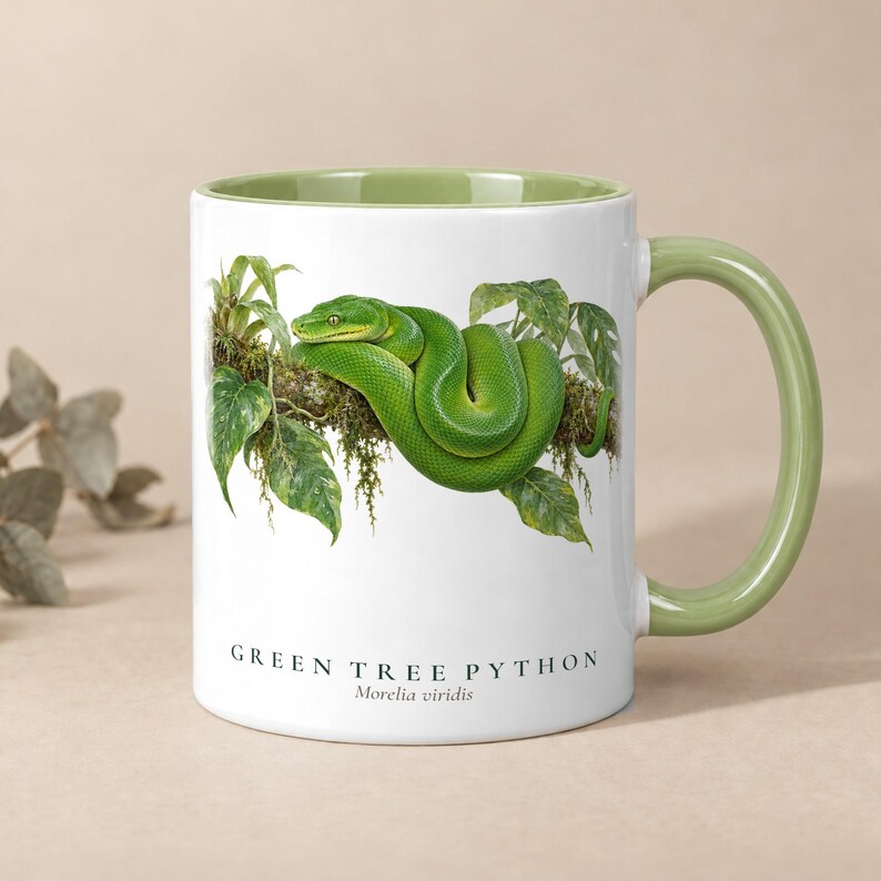 Green Tree Python watercolor field-guide mug, 11 oz white ceramic with a green handle and inside