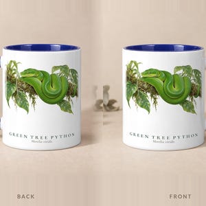 Green Tree Python mug with a blue handle and inside, back and front views