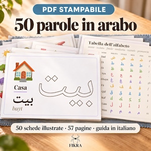 Utskrivbara arabiska flashcards PDF: 50 illustrerade ordkort, alfabet och guide på italienska
