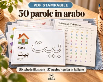 Può includere: Un set di schede didattiche stampabili per imparare l'arabo, composto da 50 carte illustrate e una tabella dell'alfabeto. Ogni scheda mostra una parola in caratteri arabi, la traduzione in italiano e una corrispondente illustrazione a colori.