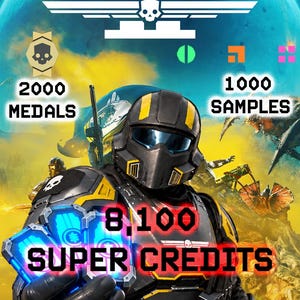 Może przedstawiać: Cyfrowa grafika promocyjna do gry Helldivers 2 przedstawiająca żołnierza w czarno-żółtej zbroi trzymającego świecące niebieskie przedmioty. Tekst wyświetla 2000 Medals, 1000 Samples oraz 8,100 Super Credits na tle planety i obcych stworzeń.