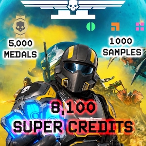 May include: A digital graphic for Helldivers 2 featuring a soldier in black and yellow armor holding glowing blue items. Text displays 5,000 Medals, 1000 Samples, and 8,100 Super Credits against a backdrop of a planet and alien creatures.