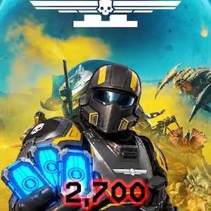 Könnte beinhalten: Eine Helldivers 2 Werbegrafik mit einem Soldaten in schwarz-gelber Rüstung, der drei leuchtend blaue, rechteckige Super-Credit-Karten hält. Der Text 2.700 SUPER CREDIT ist deutlich vor einem Hintergrund mit Planet und Kreaturen zu sehen.