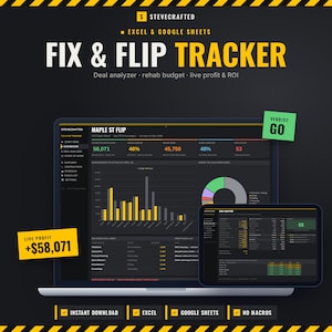 May include: A digital Fix & Flip Tracker spreadsheet for Excel and Google Sheets displayed on a laptop and tablet screen. The interface features dark mode, yellow and green accents, bar charts, a pie chart, and financial data labels including Live Profit +$58,071 and Verdict GO.