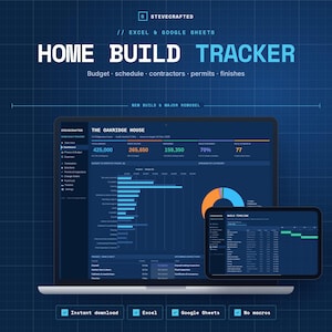 Może przedstawiać: Cyfrowy tracker budowy domu dla programów Excel i Google Sheets wyświetlany na ekranie laptopa i tabletu. Interfejs posiada ciemnoniebieski motyw z jasnoniebieskimi i pomarańczowymi wykresami, danymi projektowymi oraz harmonogramem Gantta.