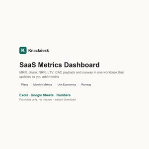 Puede incluir: Un listado de producto digital para un panel de métricas SaaS de Knackdesk. El texto incluye MRR, churn, NRR, LTV, CAC payback y runway. Presenta botones para Plans, Monthly Metrics, Unit Economics y Runway, compatible con Excel, Google Sheets y Numbers.
