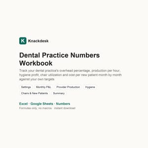 Foglio di calcolo per studio dentistico / Costi generali %, Produzione oraria, Profitto igiene, Utilizzo poltrone / Excel e Fogli Google