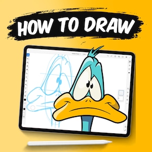 May include: A tablet displaying a digital drawing tutorial titled HOW TO DRAW, featuring a light blue cartoon duck with a yellow beak on the screen alongside a light blue sketch outline. A white stylus is positioned horizontally below the tablet.