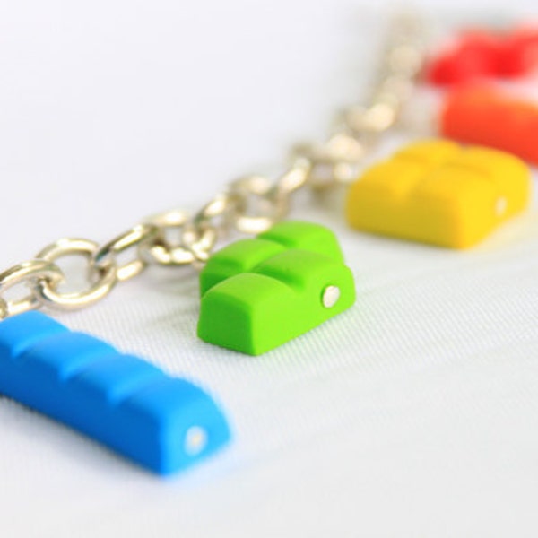 Rainbow Tetris Charm Bracelet, Heart Toggle Clasp Rhodium Chain