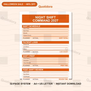May include: A printable planner page titled Night Shift Command 2027 with sections for Shift Schedule, Patient Logs, Shift Prep, and Post-Shift Review. The document features orange headers and lines for recording planned and actual data. It is an A4 and US Letter size digital download.