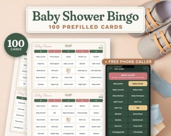 Babyshower-bingo, 100 förfyllda kort, telefonuppringare, isbrytare för att hitta gästen, prisetiketter