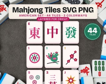 Mahjong SVG PNG-plattor, amerikanskt set, 3 färgställningar, lagerförda Cricut-klippfiler, DXF