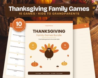 Utskrivbart Thanksgiving-familjespelpaket, 10 partyspel för barn och vuxna, frågesportbingo