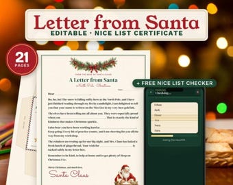 Utskrivbart brev från jultomten, redigerbart certifikat för snälla brev, nyckelbricka för jultomten, julaftonskit