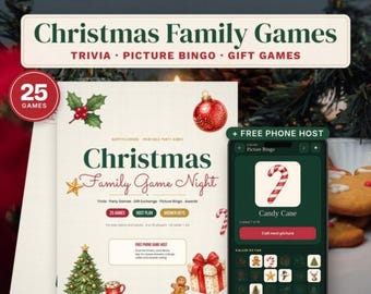 Julfamiljespelpaket, 25 utskrivbara festaktiviteter, frågesport, bildbingo, presentutbyte