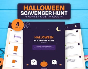 Utskrivbar Halloween-skattjakt, 4 jakter för barn, tonåringar och vuxna, ledtrådskort