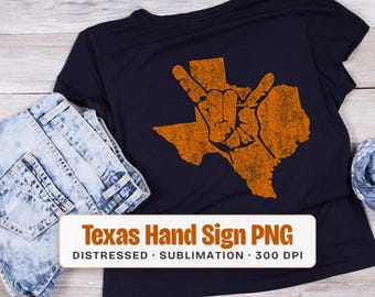 Texas PNG Distressed Hand Sign, Orange State Outline, Game Day-skjorta med sublimeringsdesign